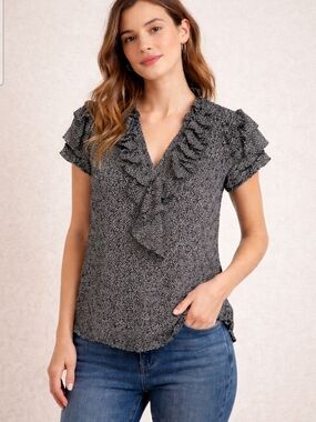 White House Black Market Black Microdot Ruffle V-Neck Blouse Size 6